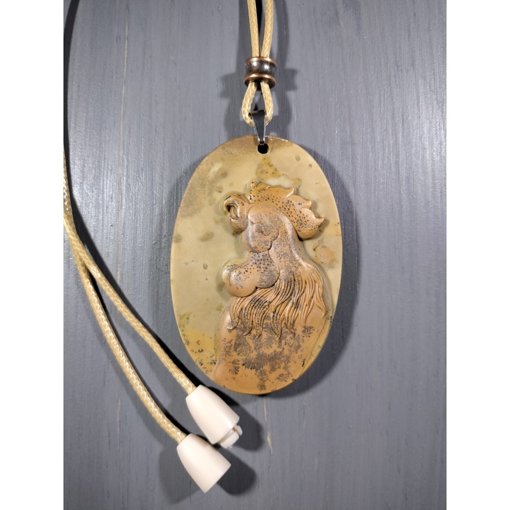 Ribbon Jasper Carved Rooster Pendant Necklace Waxed Cord 18in Break Away Closure